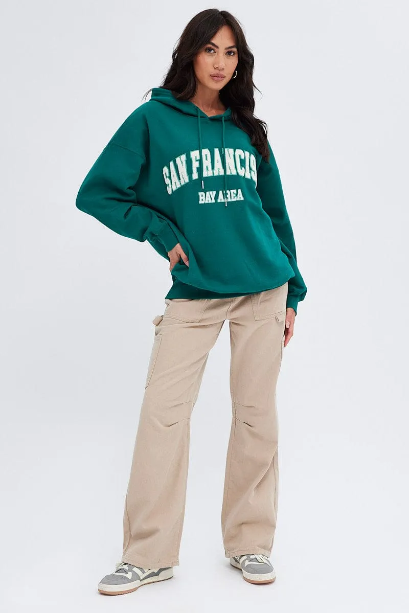 Green Sweater Round Neck San Francisco Embroidery