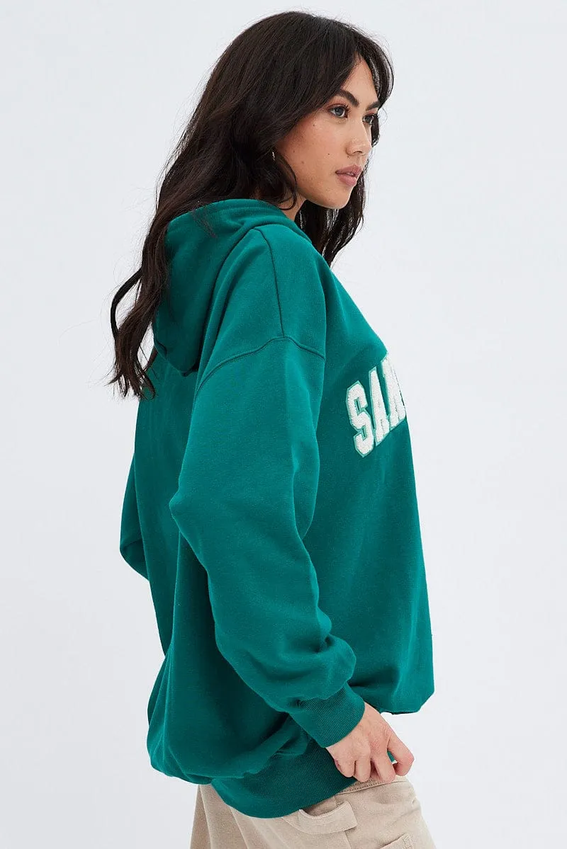 Green Sweater Round Neck San Francisco Embroidery