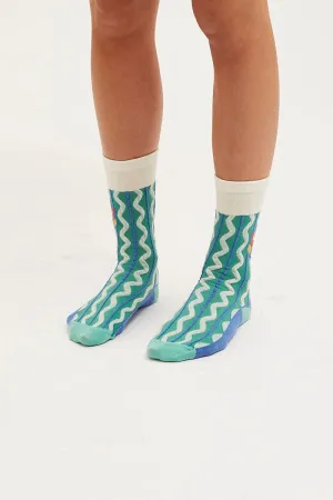 Green Wave And Flower Socks