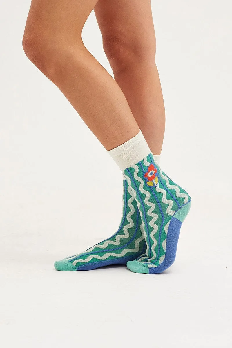 Green Wave And Flower Socks