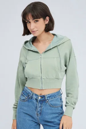 Green Zip Hoodie Long Sleeve Crop