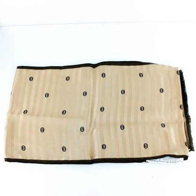 Gucci Brown Ivory Logo Equestrian Print Silk Jacquard Scarf