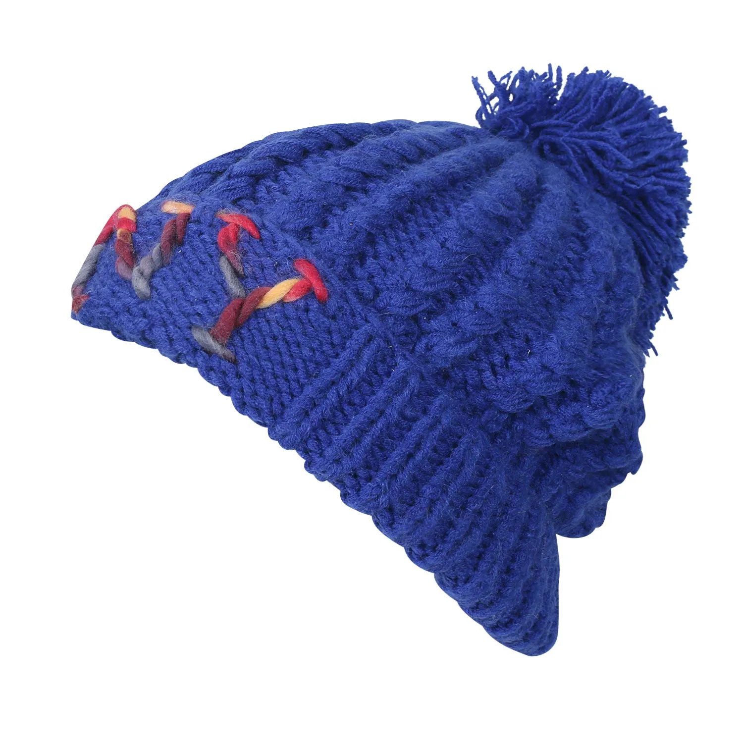 ililily Solid Color Fold Over Pompom Beanie NY Winter Ribbed Knit Slouchy Hat