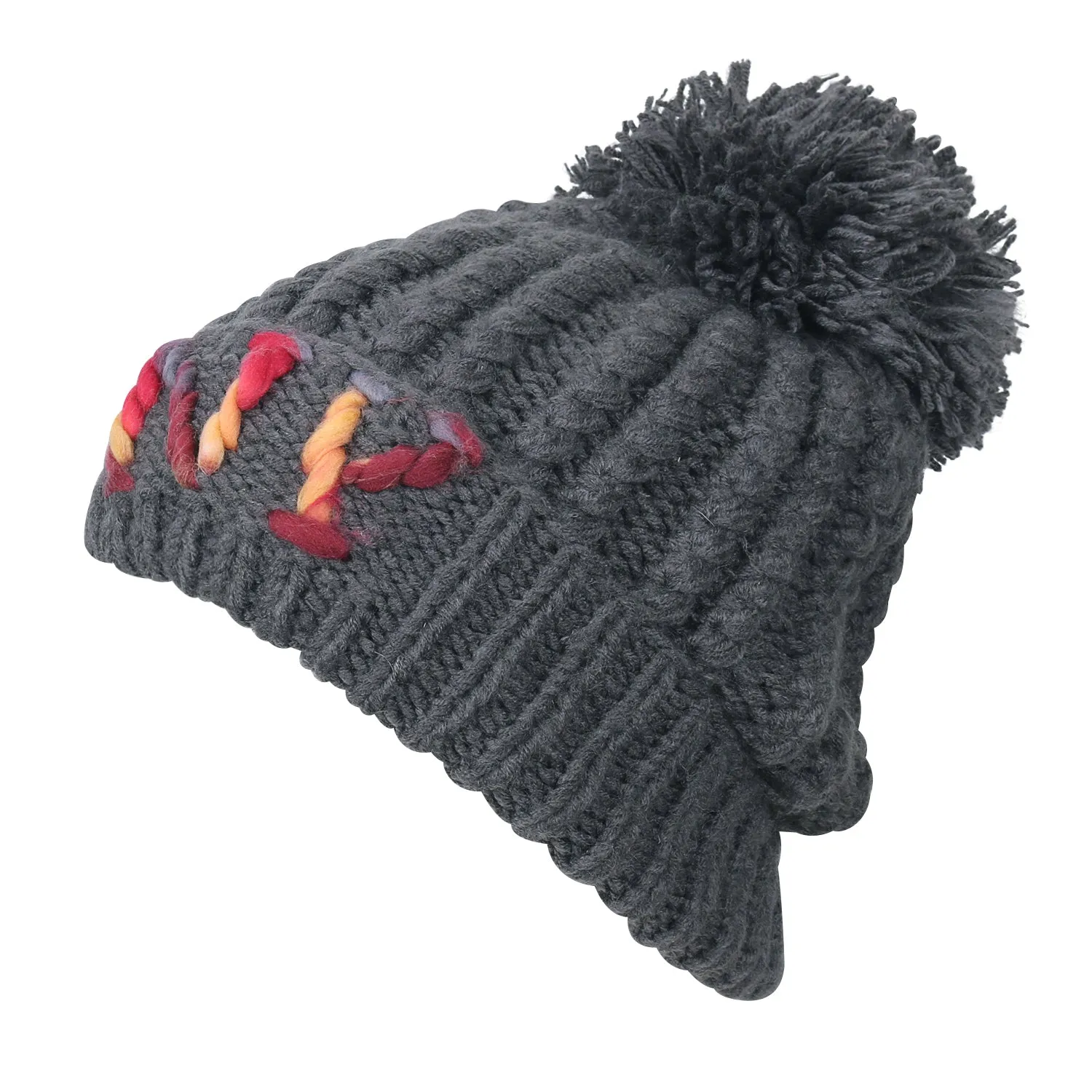 ililily Solid Color Fold Over Pompom Beanie NY Winter Ribbed Knit Slouchy Hat
