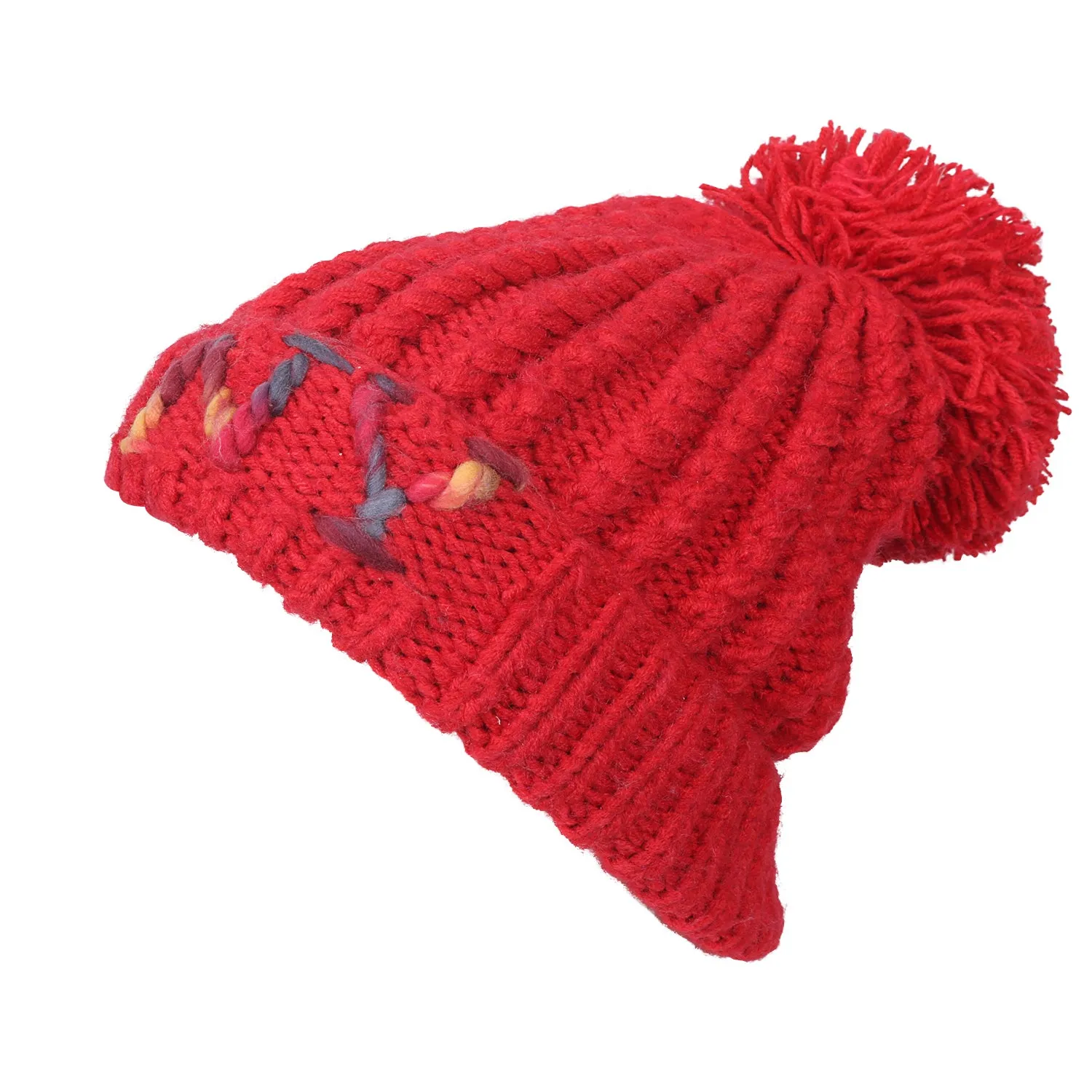 ililily Solid Color Fold Over Pompom Beanie NY Winter Ribbed Knit Slouchy Hat