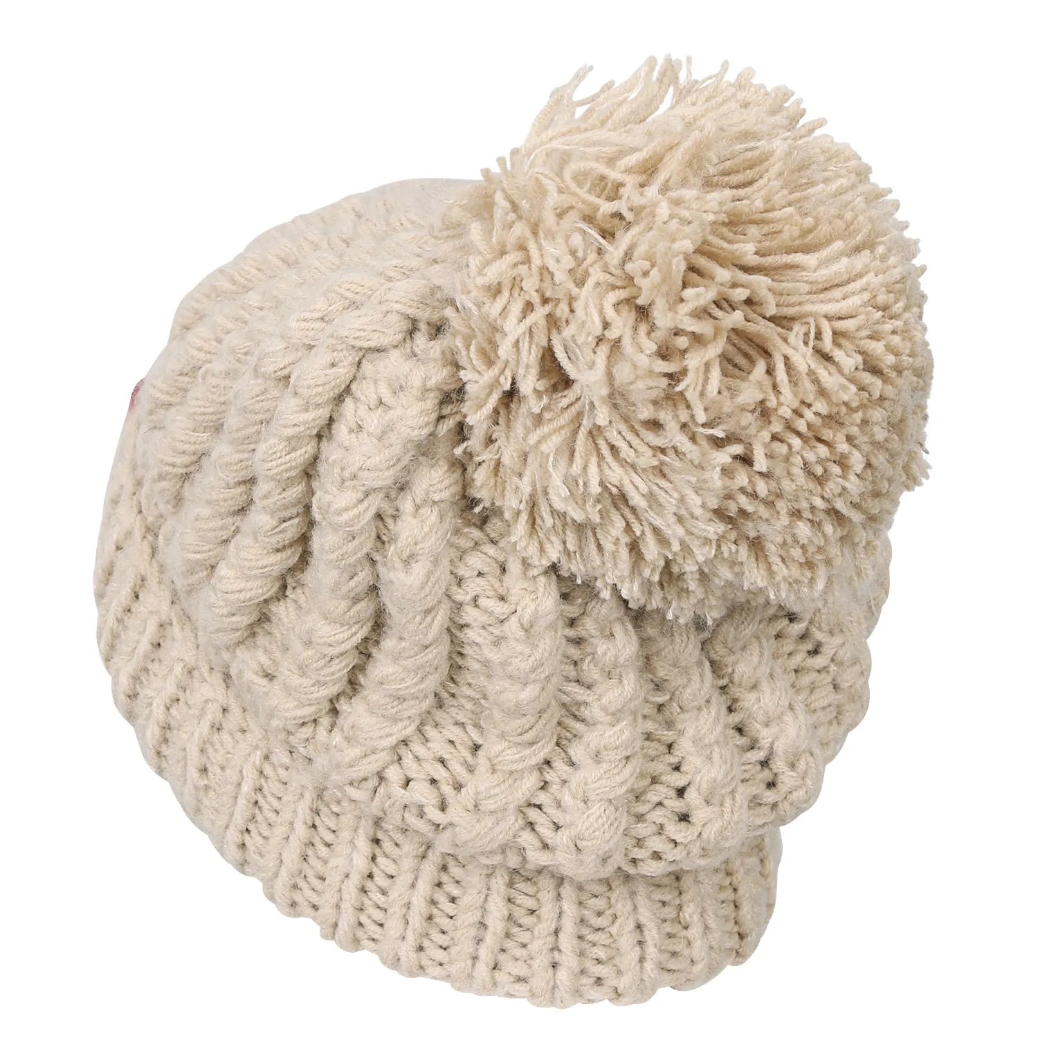 ililily Solid Color Fold Over Pompom Beanie NY Winter Ribbed Knit Slouchy Hat