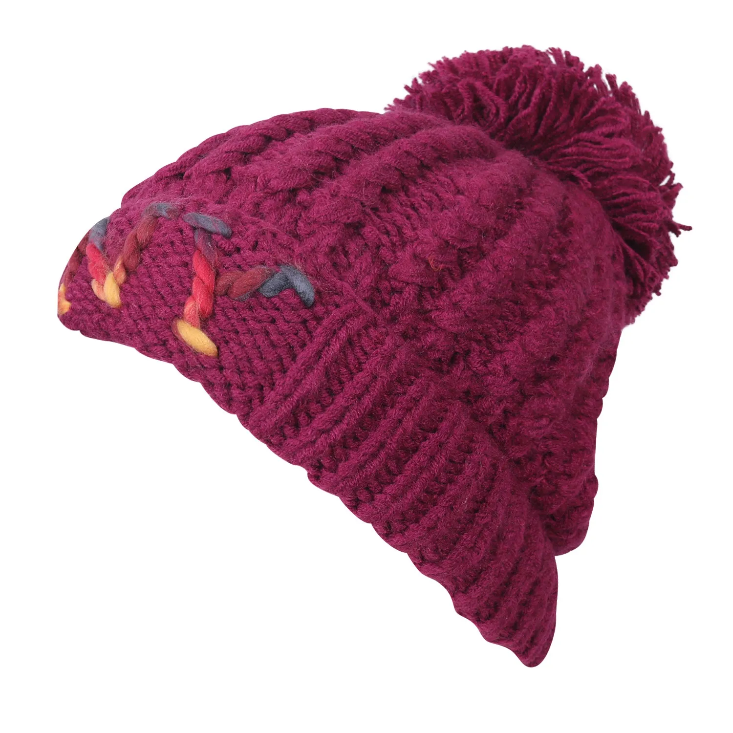 ililily Solid Color Fold Over Pompom Beanie NY Winter Ribbed Knit Slouchy Hat