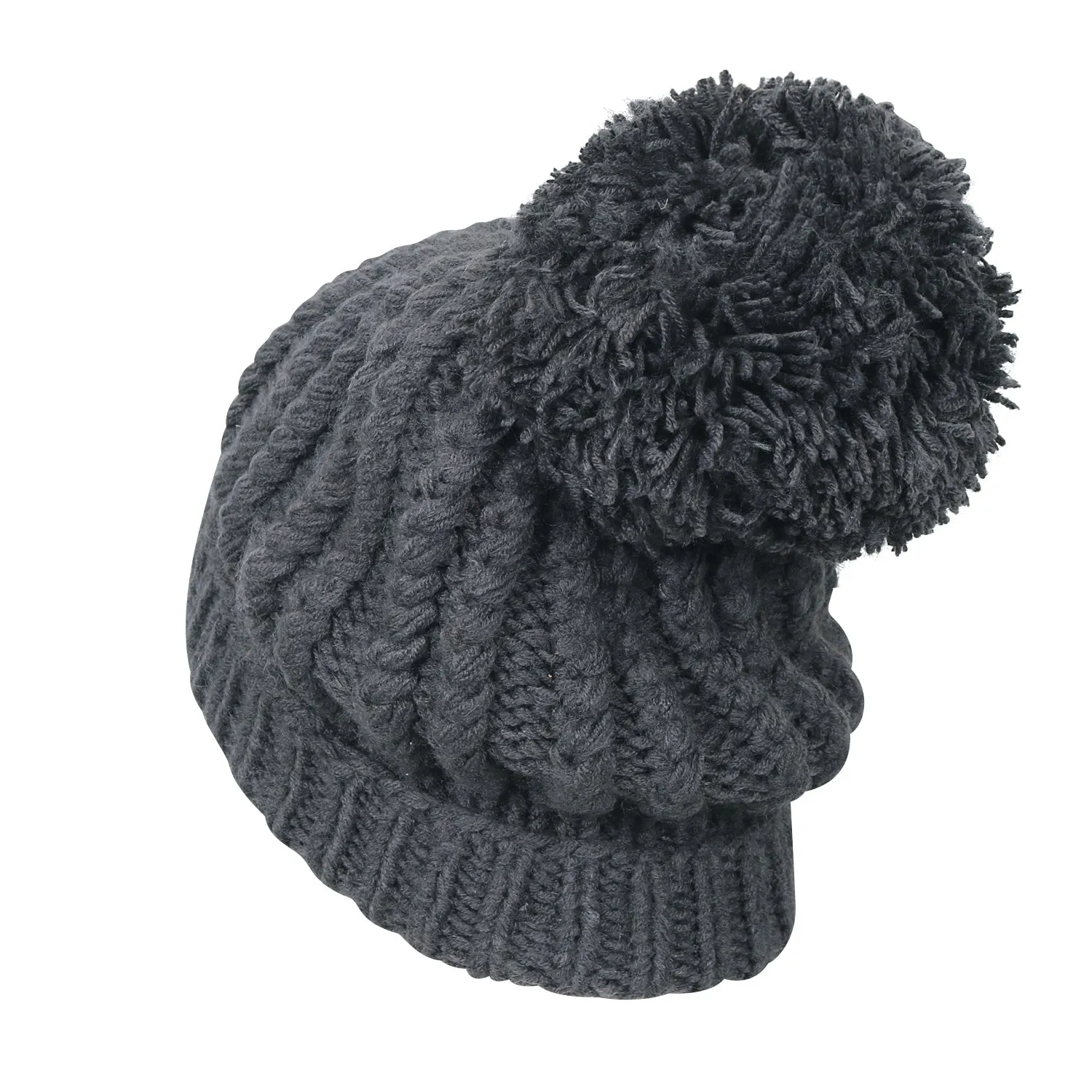 ililily Solid Color Fold Over Pompom Beanie NY Winter Ribbed Knit Slouchy Hat