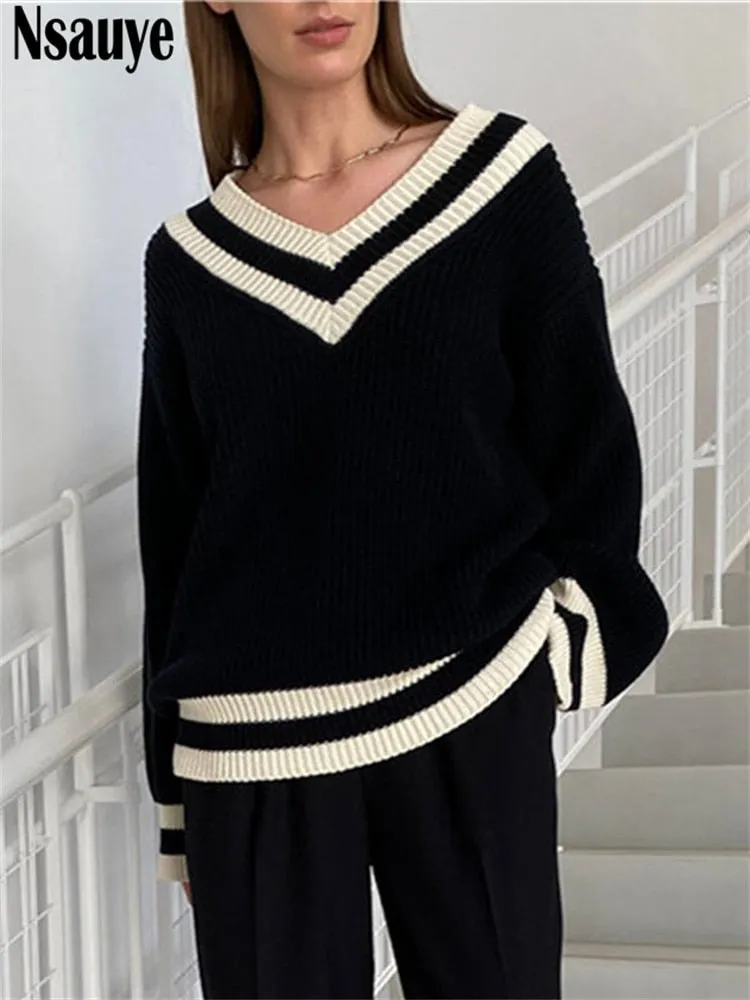 Joskaa Nsauye Winter Women Long Sleeve Pullover Korean Fashion Preppy Style Sweater Striped Tops V Neck Casual Knitted Y2K Sweater 2024