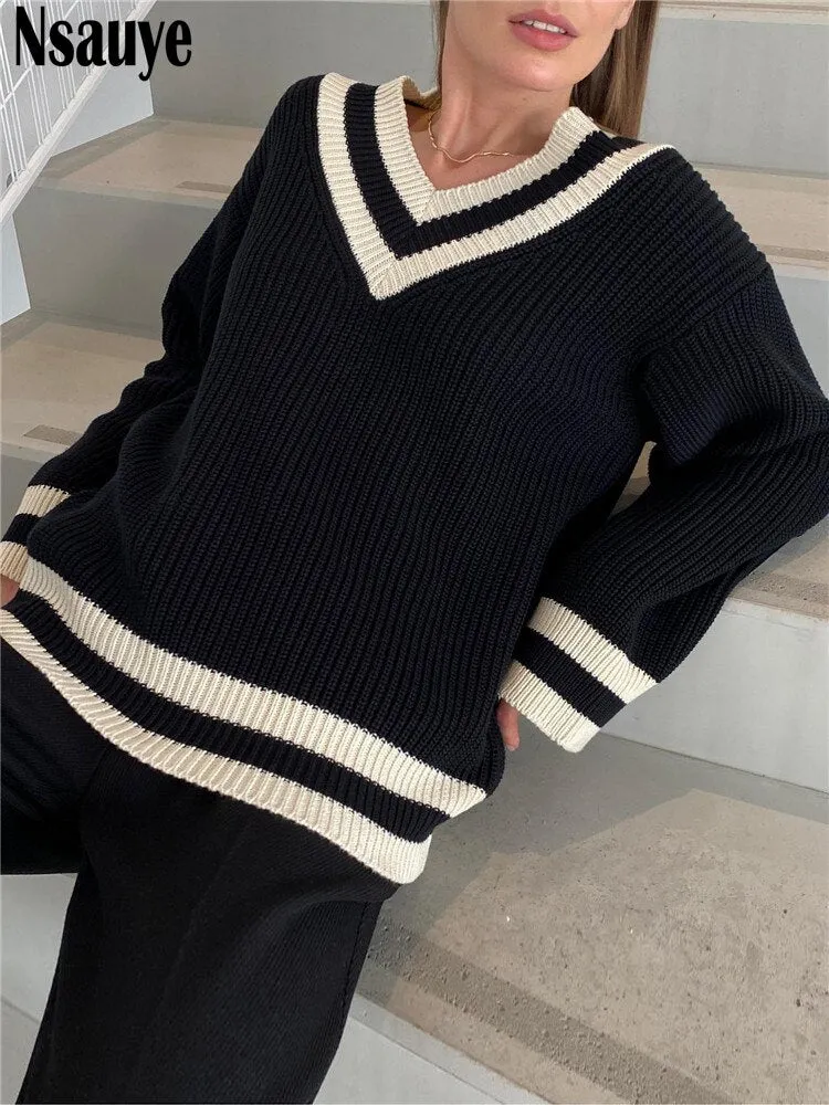 Joskaa Nsauye Winter Women Long Sleeve Pullover Korean Fashion Preppy Style Sweater Striped Tops V Neck Casual Knitted Y2K Sweater 2024