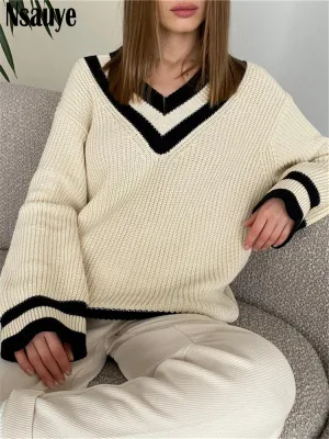 Joskaa Nsauye Winter Women Long Sleeve Pullover Korean Fashion Preppy Style Sweater Striped Tops V Neck Casual Knitted Y2K Sweater 2024