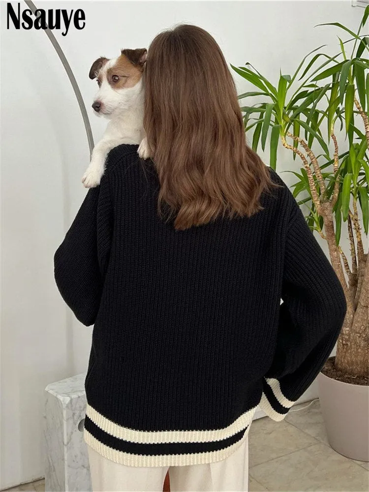 Joskaa Nsauye Winter Women Long Sleeve Pullover Korean Fashion Preppy Style Sweater Striped Tops V Neck Casual Knitted Y2K Sweater 2024
