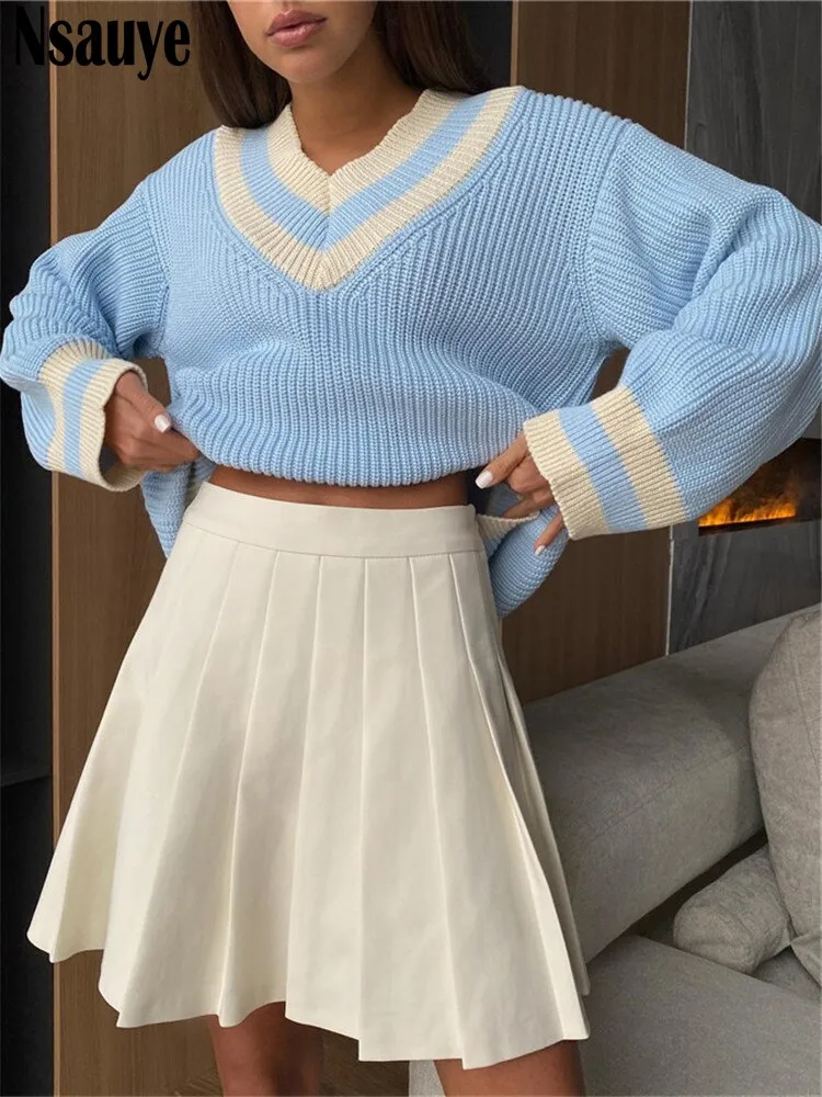 Joskaa Nsauye Winter Women Long Sleeve Pullover Korean Fashion Preppy Style Sweater Striped Tops V Neck Casual Knitted Y2K Sweater 2024