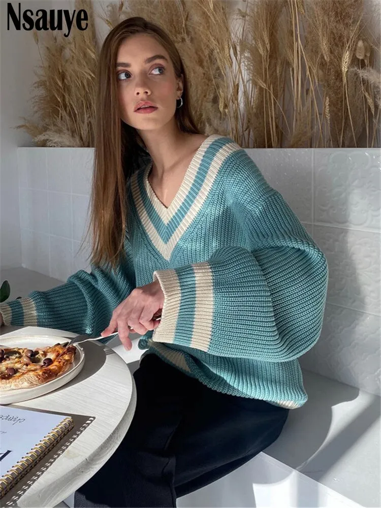 Joskaa Nsauye Winter Women Long Sleeve Pullover Korean Fashion Preppy Style Sweater Striped Tops V Neck Casual Knitted Y2K Sweater 2024