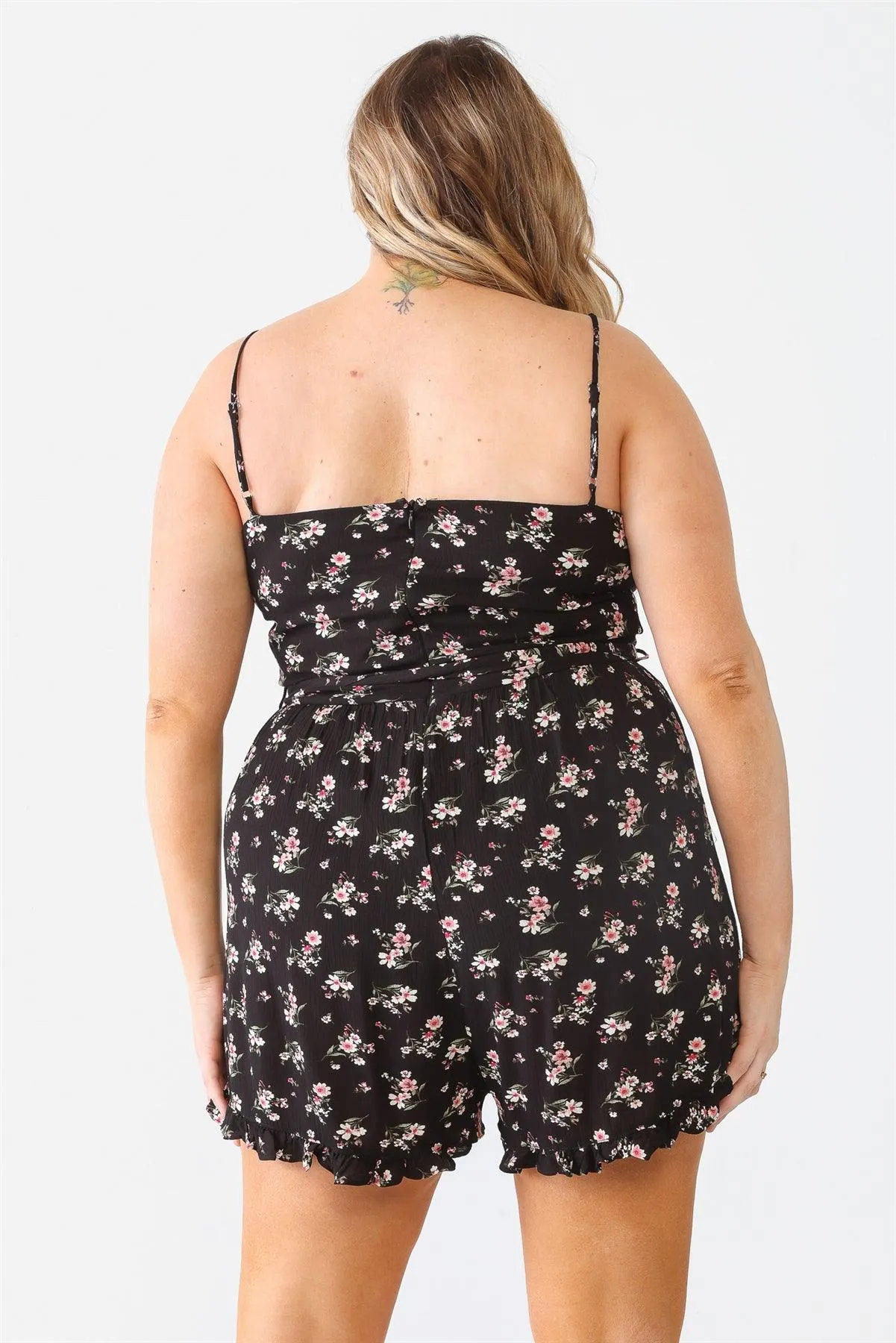 Junior Plus Size Flower Button Belted Ruffle Romper