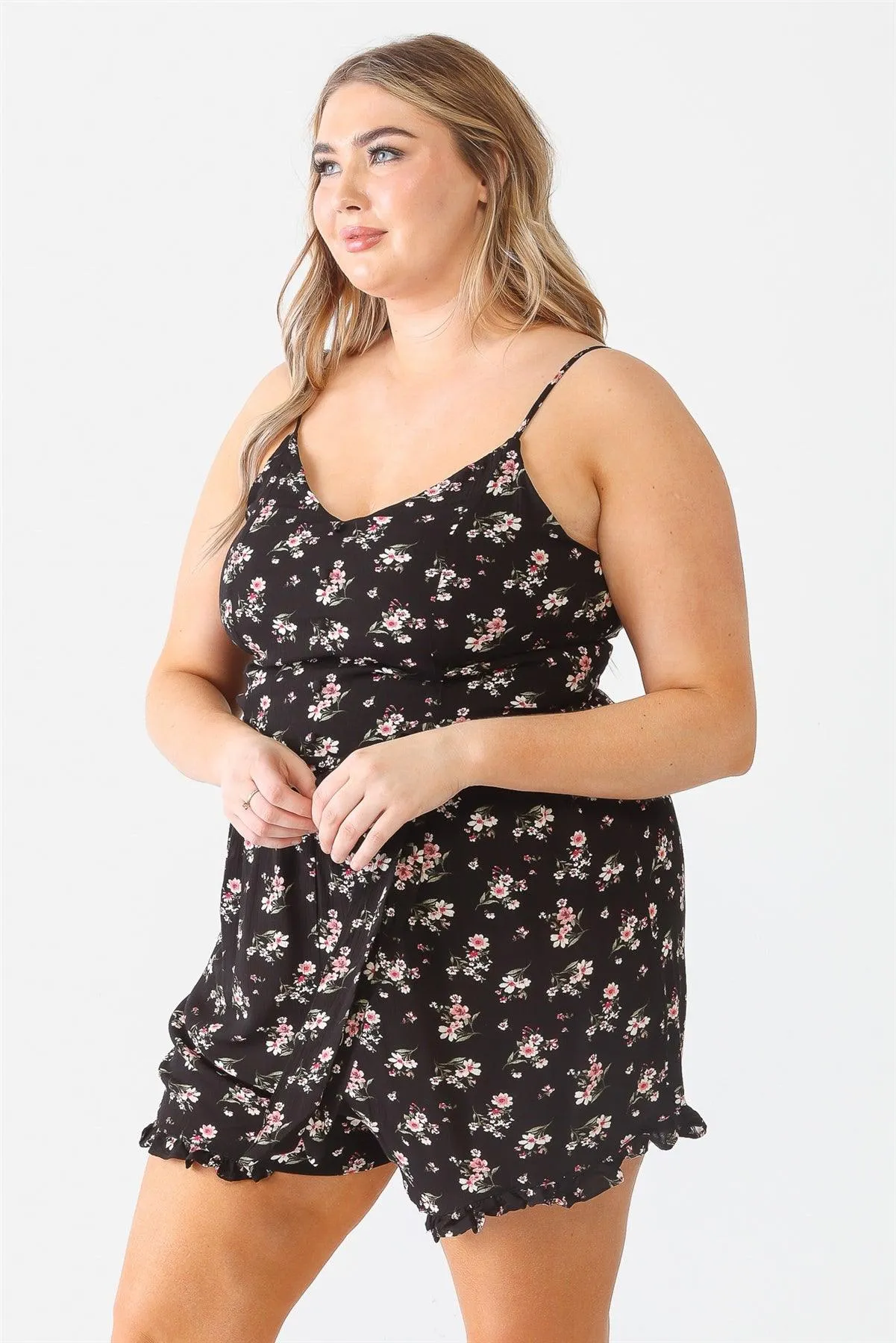 Junior Plus Size Flower Button Belted Ruffle Romper