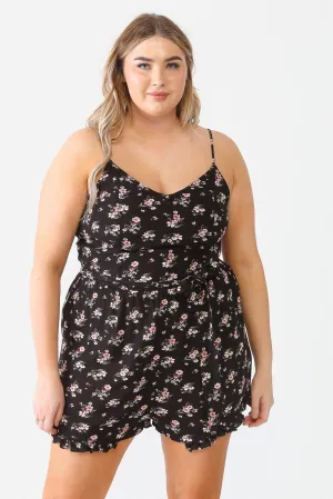 Junior Plus Size Flower Button Belted Ruffle Romper