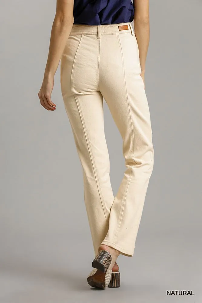 Khaki Natural Panel Straight Cut Women's Denim Jeans With Pockets