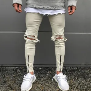 Khaki Skinny Knee Ripped Ankle Zipper Jeans