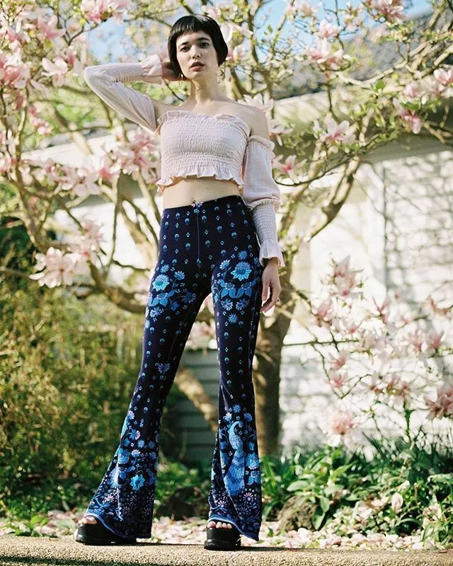 NWT Free People FLARE STREET AMALIA BLUE PEACOCK HIGH-RISE FLARE Pant Lounge M-L