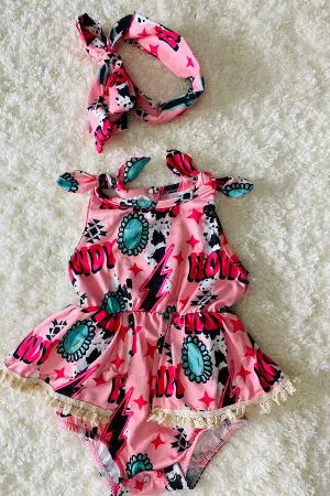 Pink "HOWDY" jewels & cow print baby lace romper w/matching headband DLH2434