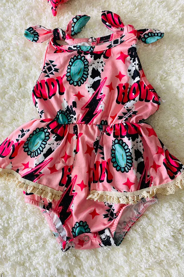 Pink "HOWDY" jewels & cow print baby lace romper w/matching headband DLH2434