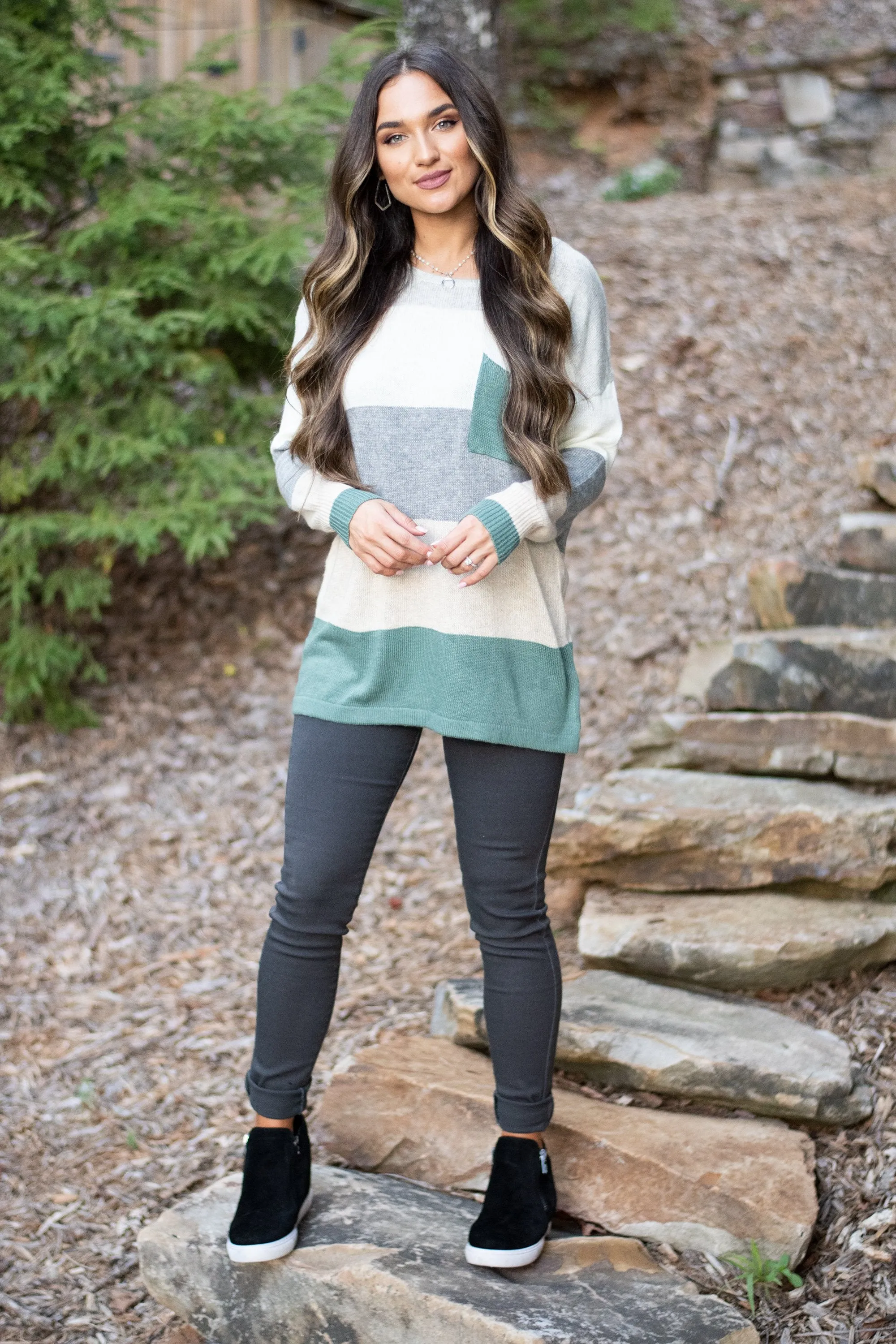 Power In Comfort Sage Green Colorblock Sweater