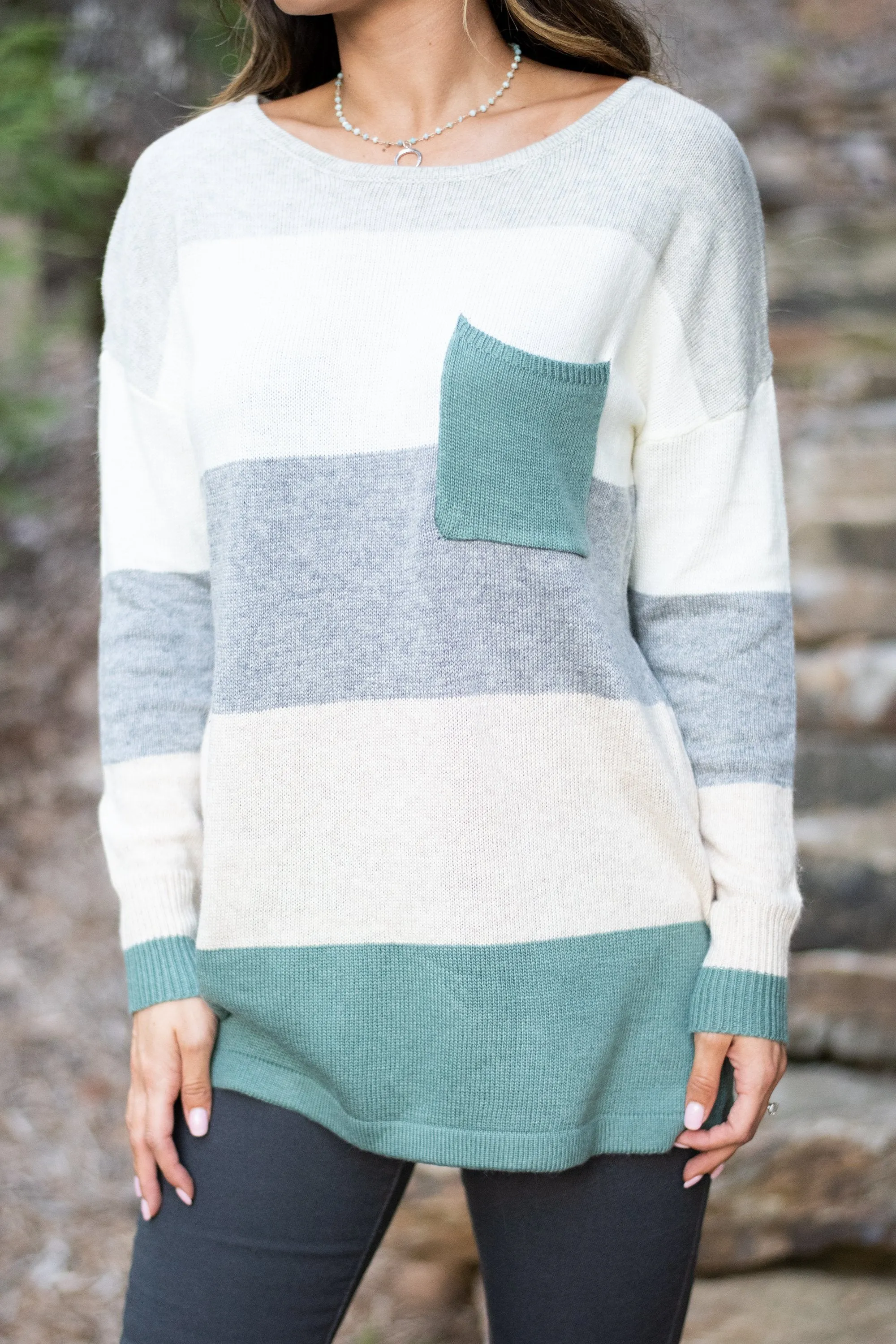 Power In Comfort Sage Green Colorblock Sweater