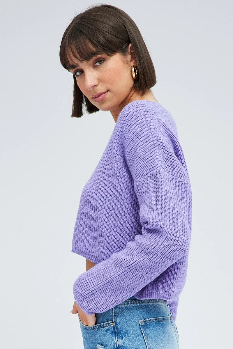 Purple Knit Jumper Long Sleeve V Neck