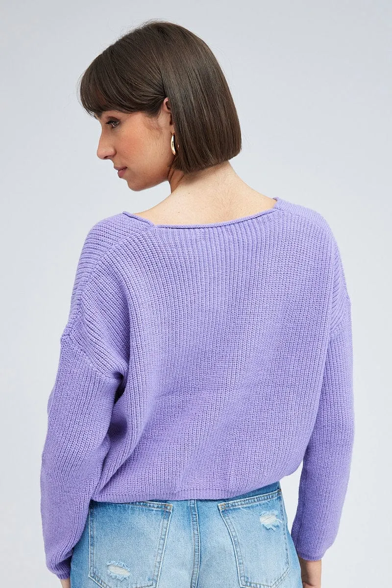 Purple Knit Jumper Long Sleeve V Neck