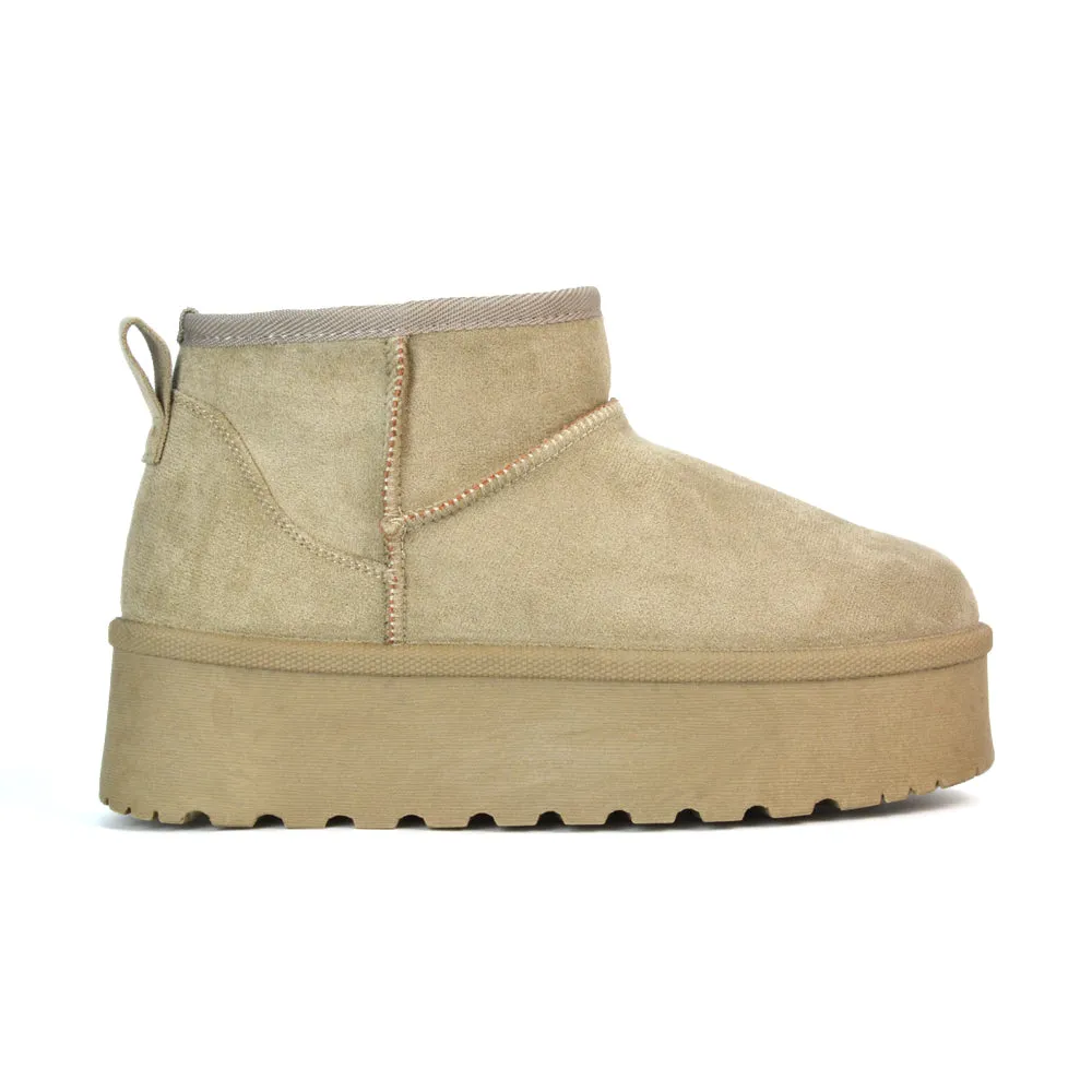 Selina Mini Micro Flatform Micro Faux Fur Ankle Boots in Stone