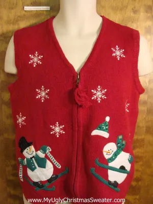 Skiing Snowmen Tacky Bad Christmas Sweater Vest