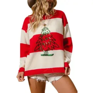 Striped Sequin Christmas Tree Sweater
