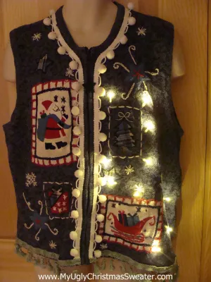 Tacky Ugly Christmas Sweater Vest with Lights and Fringe (g11)