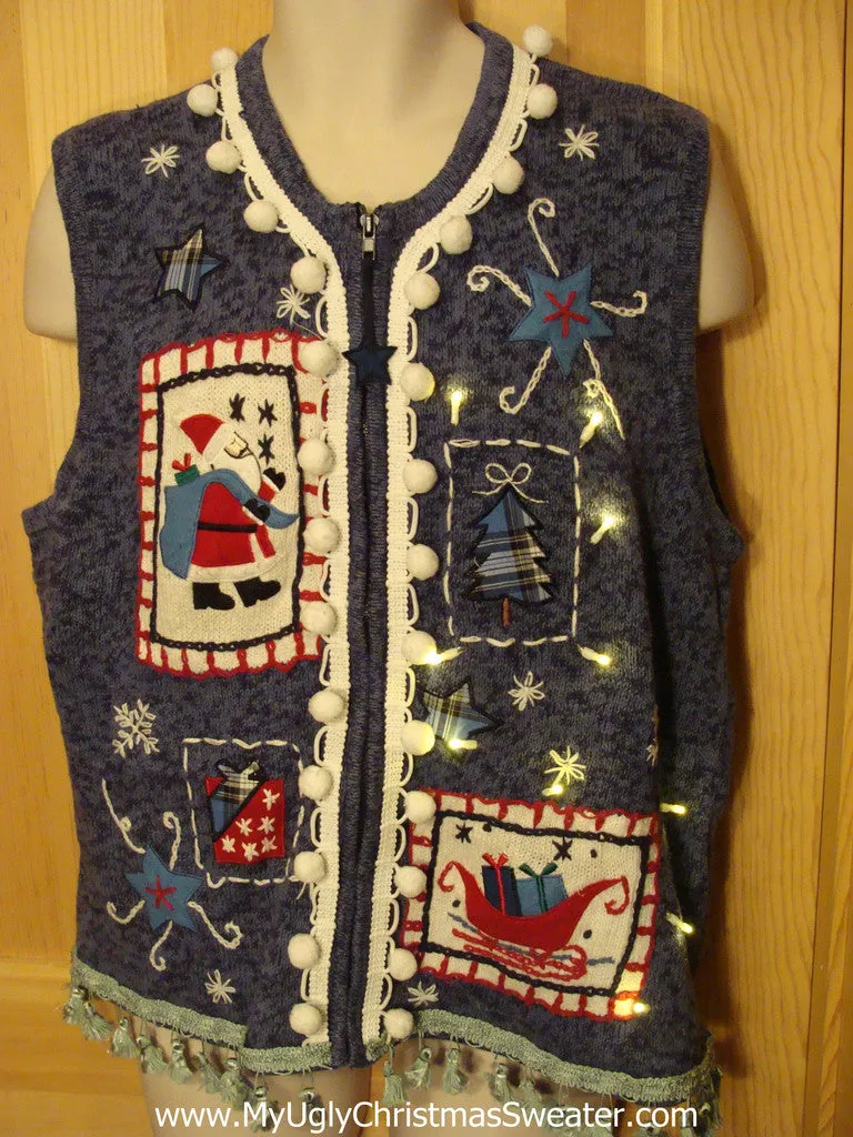 Tacky Ugly Christmas Sweater Vest with Lights and Fringe (g11)