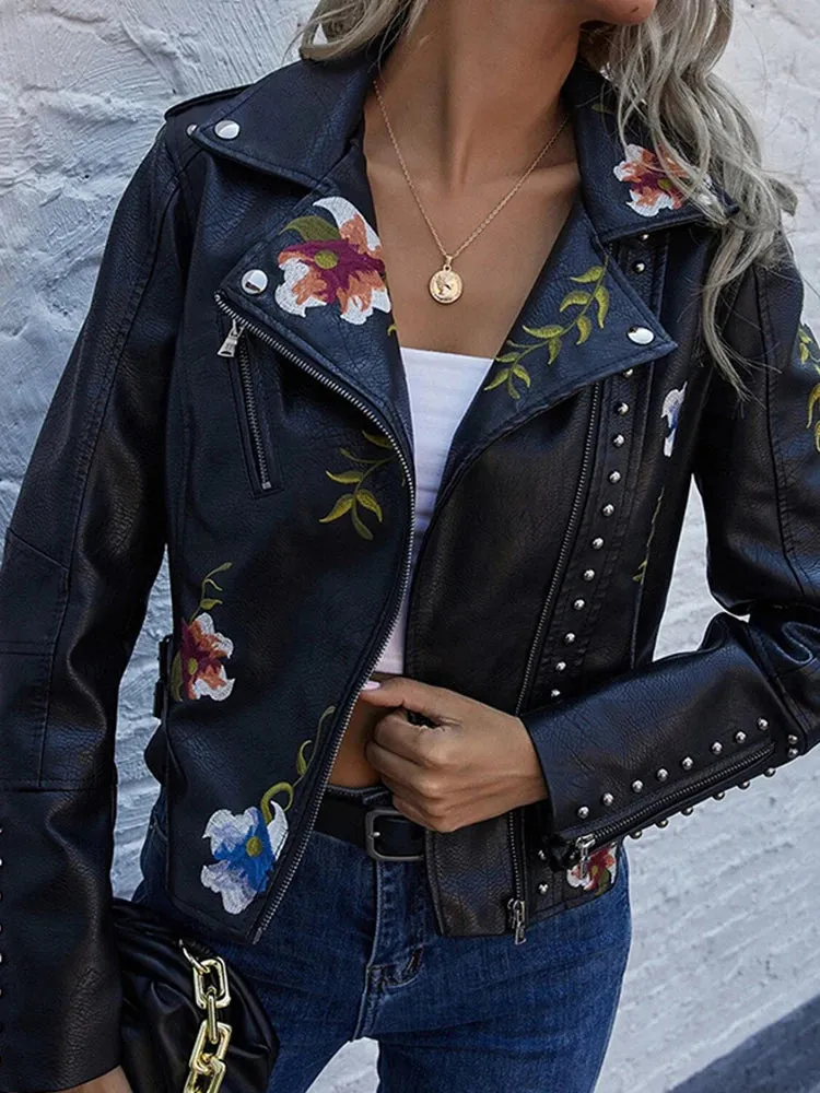 Wild Rose's Floral Print Embroidery Faux Soft Leather Motorcycle Jacket