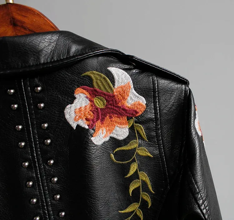 Wild Rose's Floral Print Embroidery Faux Soft Leather Motorcycle Jacket