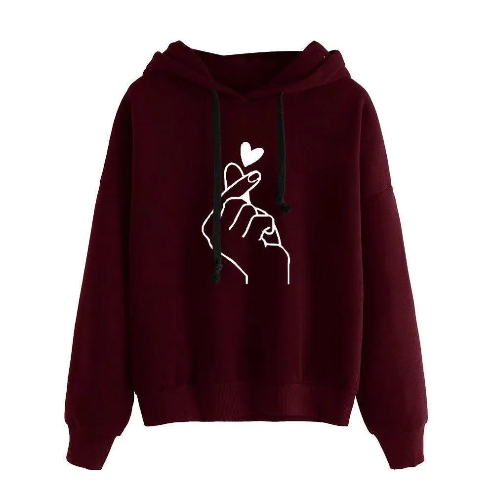 Women finger heart printed long sleeve drawstring hoodie sweatshirt