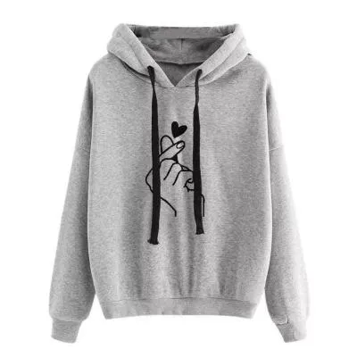 Women finger heart printed long sleeve drawstring hoodie sweatshirt