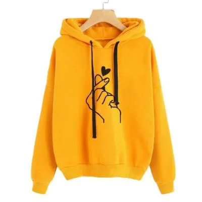 Women finger heart printed long sleeve drawstring hoodie sweatshirt