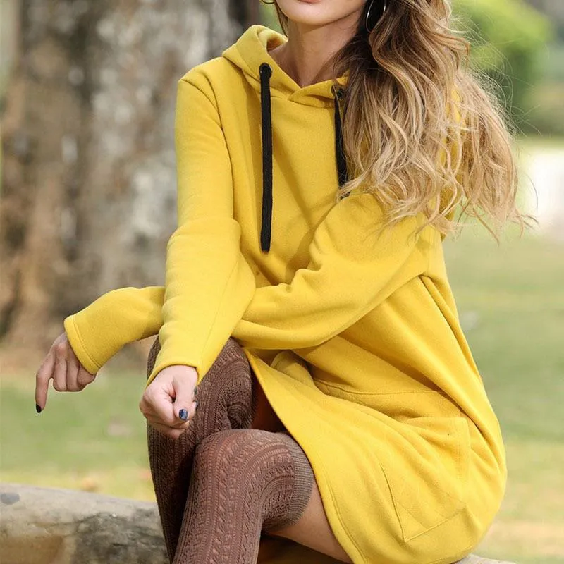 Women solid color long sleeve drawstring hoodie sweatshirt with pocket