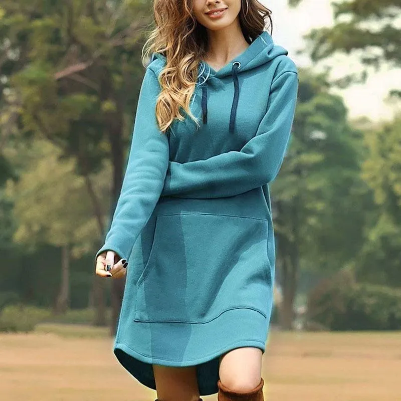 Women solid color long sleeve drawstring hoodie sweatshirt with pocket