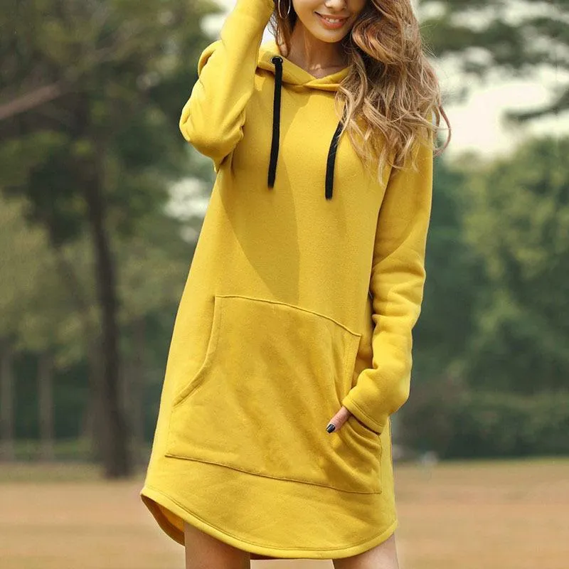 Women solid color long sleeve drawstring hoodie sweatshirt with pocket