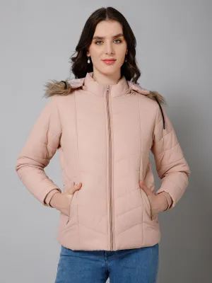Women's Casual  Light Pink Quilted Detachable Hood with Faux Fur trim Jacket
