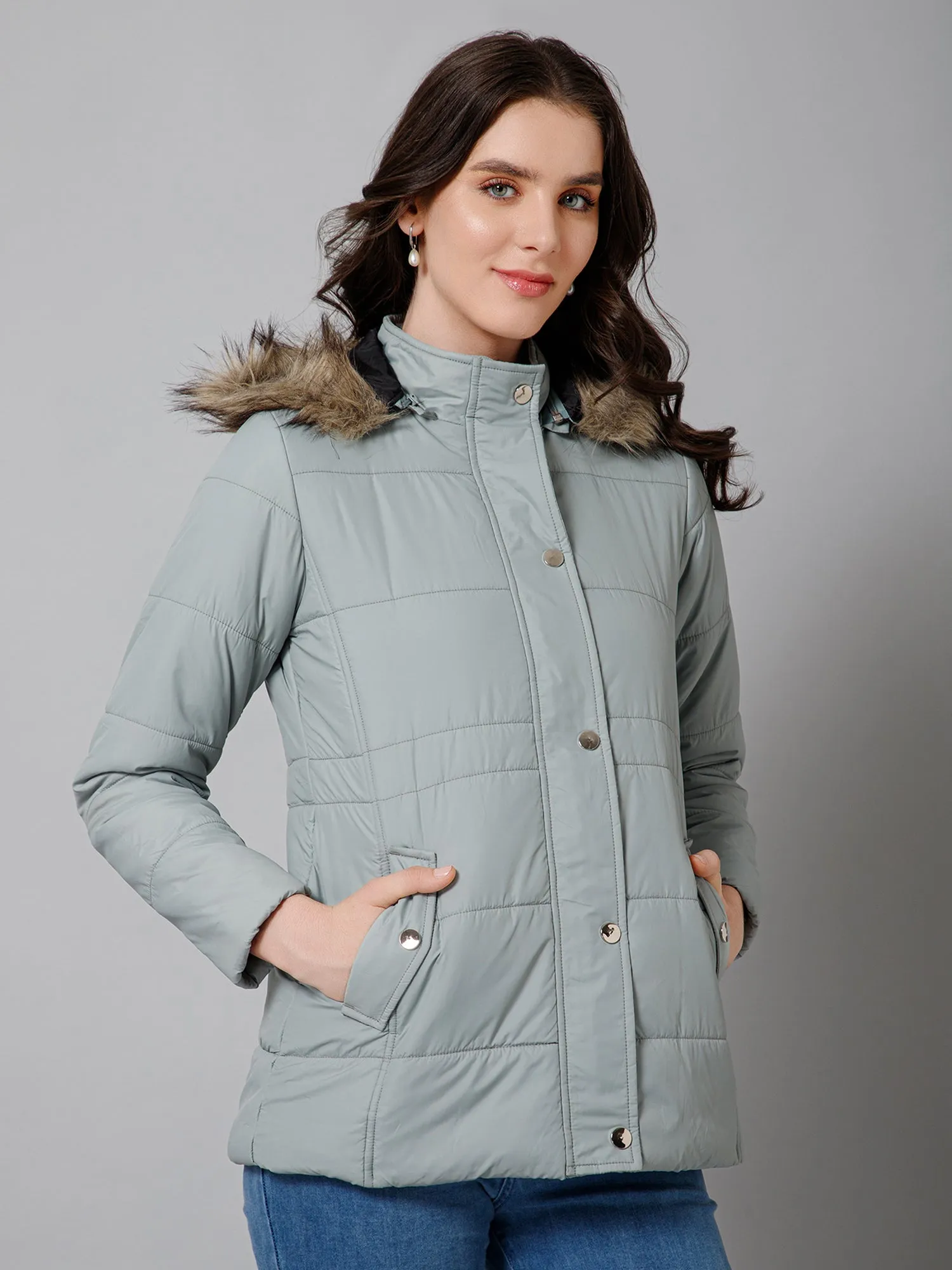 Women's Casual  Pista Green Quilted Detachable Hood with Faux Fur trim Jacket