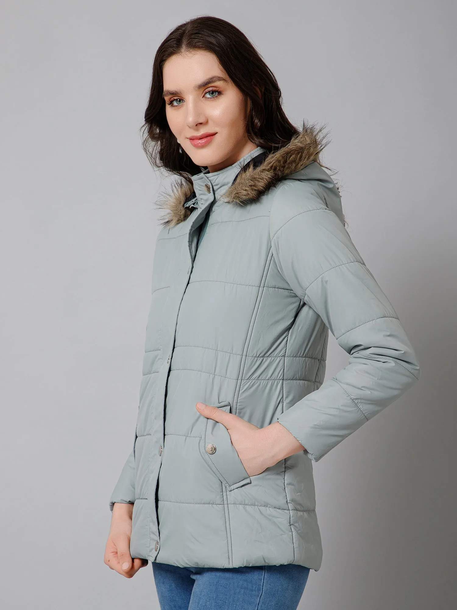 Women's Casual  Pista Green Quilted Detachable Hood with Faux Fur trim Jacket