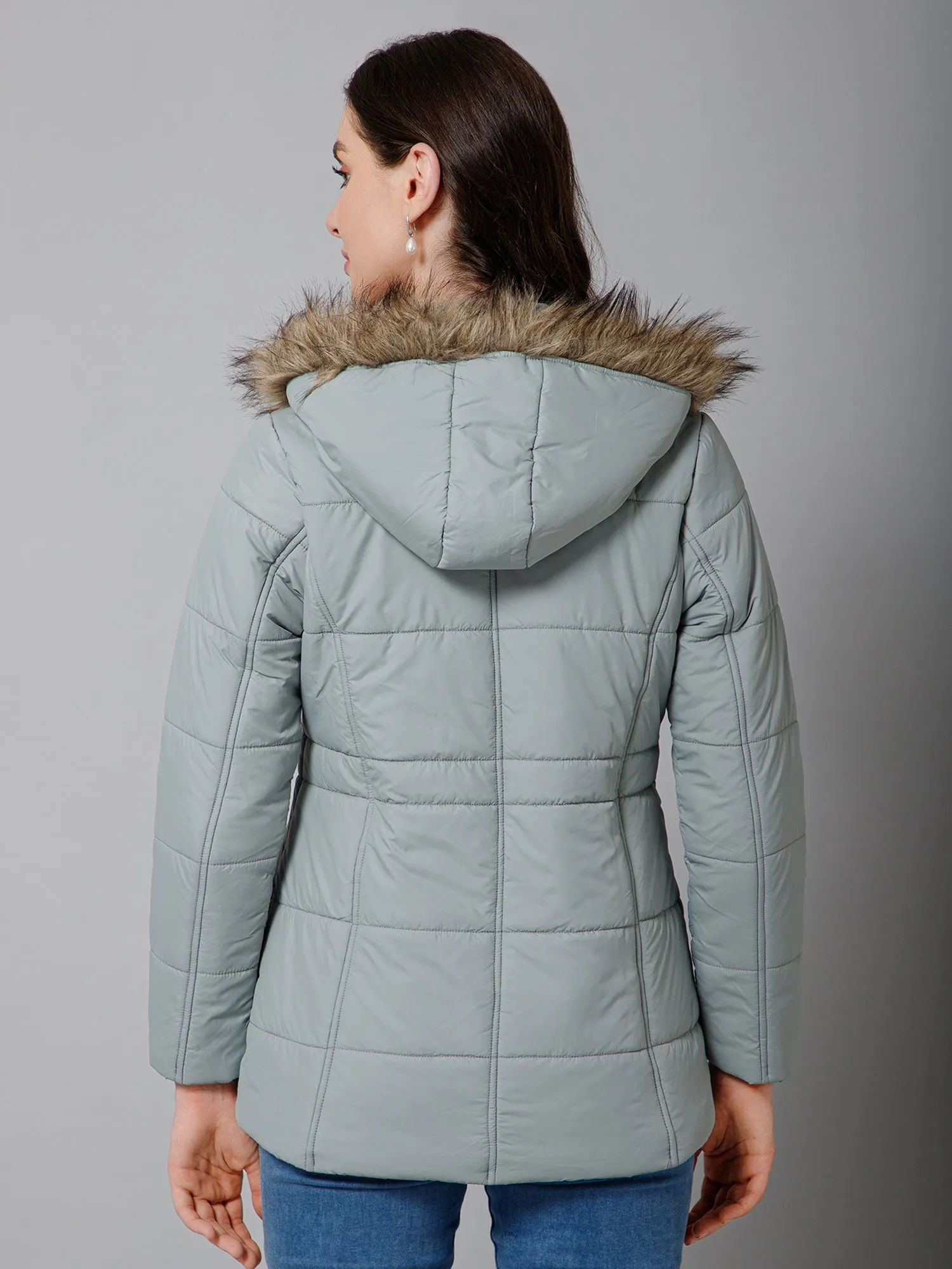 Women's Casual  Pista Green Quilted Detachable Hood with Faux Fur trim Jacket