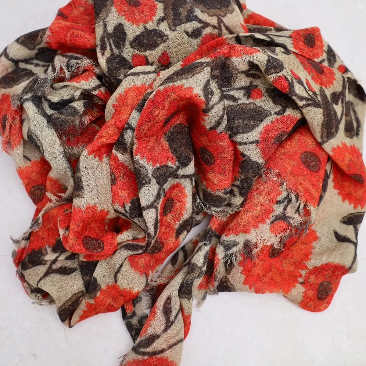 Wool/Modal Scarf - Red Flowers on Beige