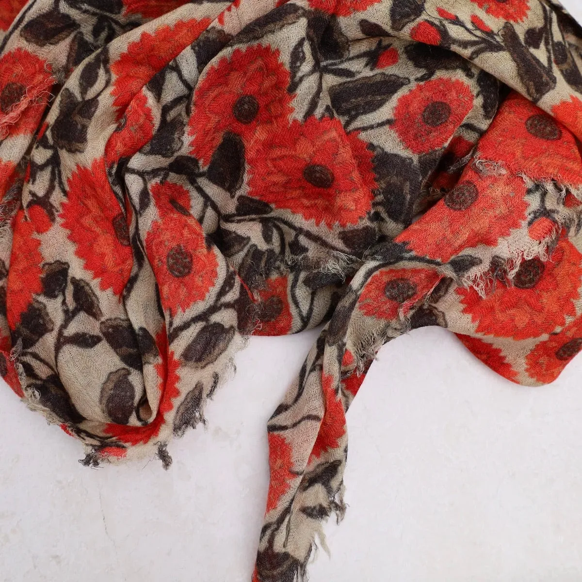 Wool/Modal Scarf - Red Flowers on Beige