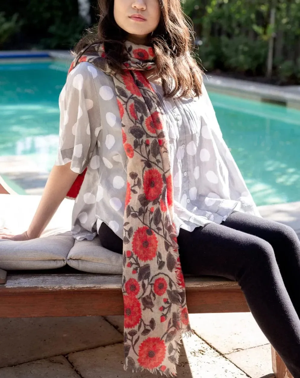 Wool/Modal Scarf - Red Flowers on Beige